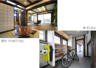 ｢日本美モダンの家」モデルハウス。玄関から直接入れる客間:「寄付yortuki」や家族専用の玄関と大型収納の役割:「倉kura」など、こだわりの空間が好評。
	